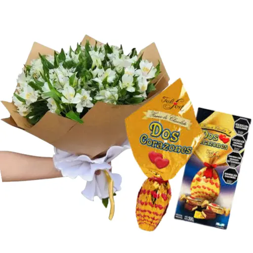 Ramo de astromelias variadas y huevo de pascua dos corazones